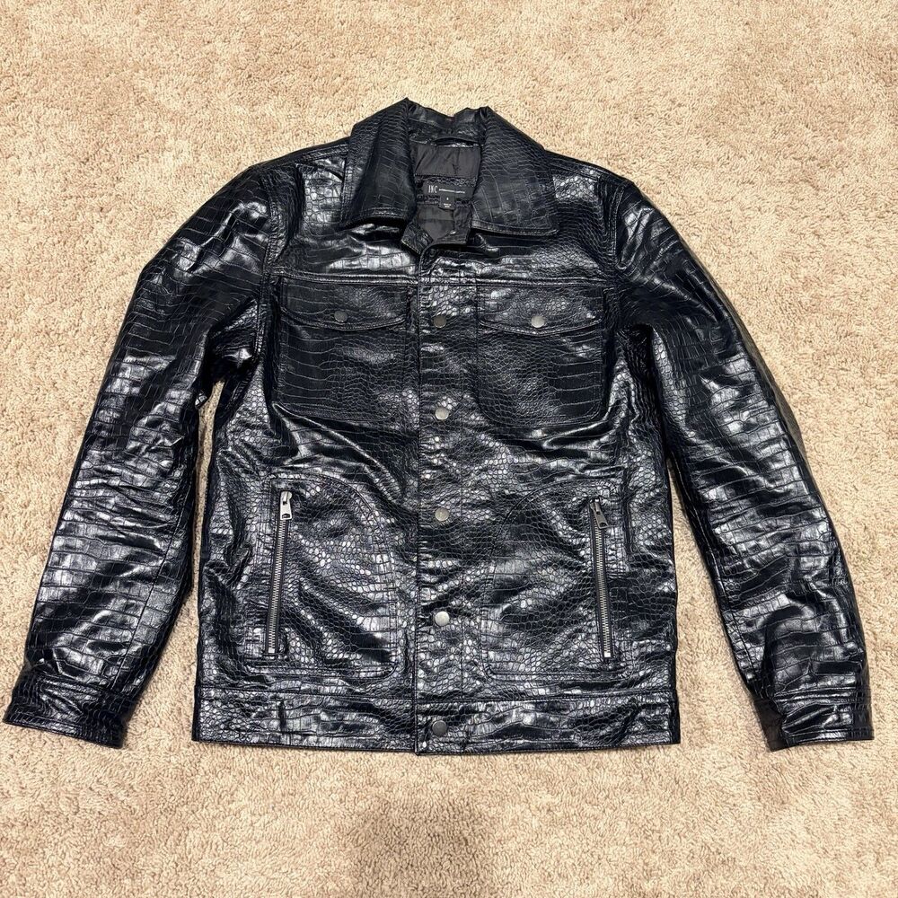 INC International Concepts Black Faux Leather Croc Trucker Jacket Mens Small